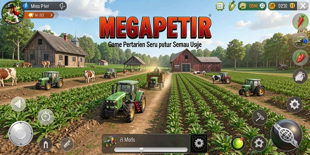 Tangkapan layar gameplay MEGAPETIR yang menggambarkan suasana pertanian yang menyenangkan.