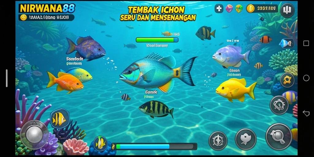 Tampilan gameplay NIRWANA88 saat menembak ikan di bawah laut.