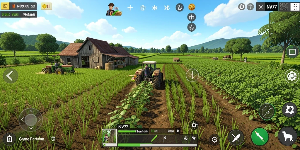 Tampilan gameplay NV77 yang menggambarkan pertanian yang subur dan beragam.